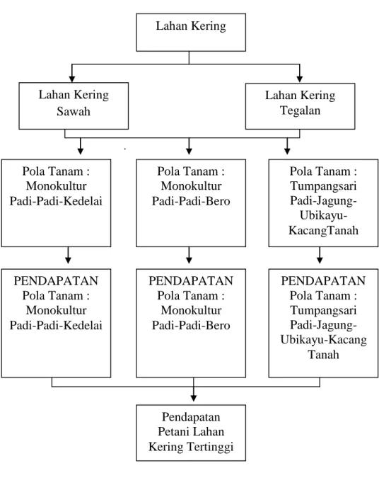 Gambar 1. Kerangka Pemikiran. Lahan Kering Lahan Kering Sawah Tadah Hujan  Lahan Kering Tegalan Pola Tanam : Monokultur Padi-Padi-Kedelai Pola Tanam : Monokultur Padi-Padi-Bero  Pola Tanam :  Tumpangsari Padi-Jagung- Ubikayu-KacangTanah PENDAPATAN Pola Tan