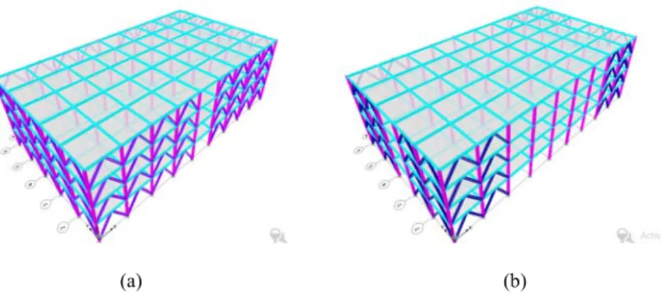 Gambar 3.2 Permodelan 3 Dimensi Struktur (a) Dengan Variasi Penempatan Bracing 1 (b) Dengan Variasi  Penempatan Bracing 2 