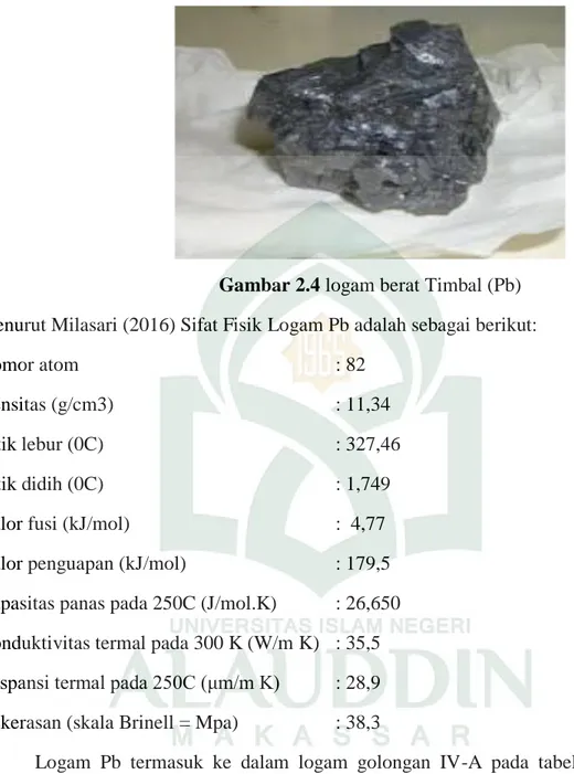 Gambar 2.4 logam berat Timbal (Pb)  Menurut Milasari (2016) Sifat Fisik Logam Pb adalah sebagai berikut: 