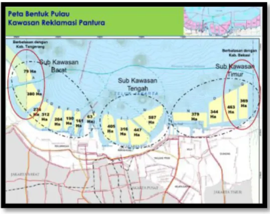 Gambar 1. Peta Bentuk Pulau Reklamasi   Pantura Jakarta. 