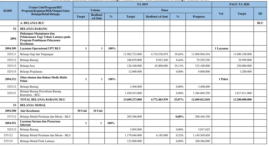 Tabel 2.25 Rincian Realisasi Belanja Tahun 2019 dan Rencana Belanja Tahun 2020  KODE  Uraian Unit/Program/IKU  Program/Kegiatan/IKK/Output/Akun  Belanja/Detail Belanja  TA 2019  PAGU TA 2020 Volume Dana Vol Target  SD  Target  Realisasi 