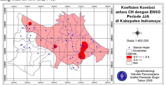 Gambar 11. Koefisien korelasi antara CH dengan ENSO pada Periode JJA di  Kabupaten Indramayu (interval kontur 0,1) 