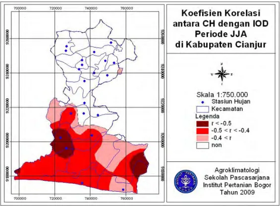 Gambar 14.  Koefisien  korelasi  antara  CH  dengan  IOD  pada  periode  JJA  di            Kabupaten Cianjur (interval kontur 0,1) 