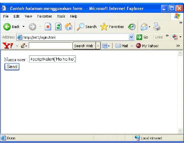 Gambar 4. Tampilan halaman web dengan input &lt;script&gt;alert(‘Ho ho ho’)&lt;/script&gt; 