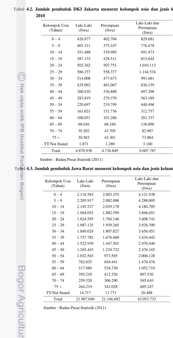 Tabel  4.2.  Jumlah  penduduk  DKI  Jakarta  menurut  kelompok  usia  dan  jenis  kelamin  tahun  2010  Kelompok Usia  (Tahun)   Laki-Laki (Jiwa)   Perempuan  (Jiwa)  Laki-Laki dan Perempuan  (Jiwa)  0 – 4  426.977  402.704  829.681  5 – 9  401.311  375.16