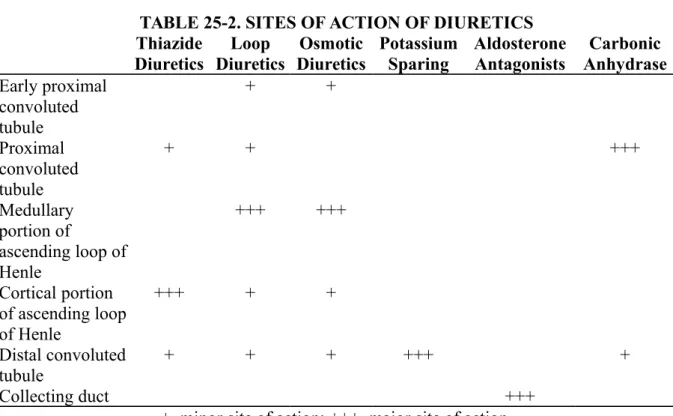 TABLE 25-2. SITES OF ACTION OF DIURETICS Thiazide Diuretics Loop Diuretics Osmotic Diuretics PotassiumSparing AldosteroneAntagonists Carbonic Anhydrase Early proximal  convoluted  tubule + + Proximal  convoluted  tubule + + +++ Medullary  portion of  ascen