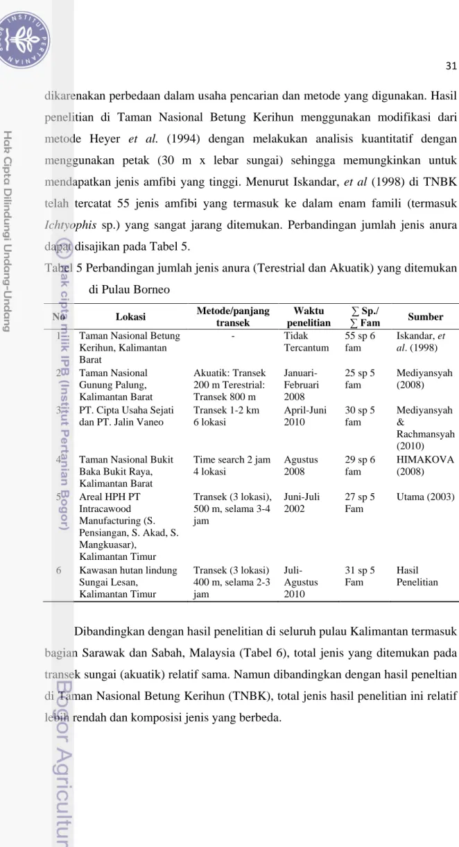 Tabel 5 Perbandingan jumlah jenis anura (Terestrial dan Akuatik) yang ditemukan  di Pulau Borneo  No  Lokasi  Metode/panjang  transek  Waktu  penelitian  ∑ Sp./  ∑ Fam  Sumber  1  Taman Nasional Betung 