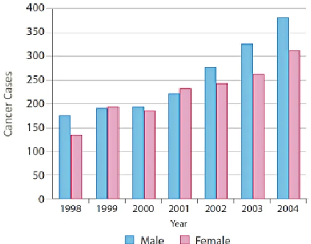 Gambar diatas menunjukkan kasus kanker kolon antara tahun 1998 – 2004  menurut jenis kelamin, menampilkan penderita pria mengalami peningkatan  yang stabil