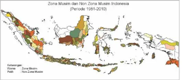 Gambar 1.  Sebaran Zona Musim dan Non Musim Indonesia berdasarkan data periode 1981-2010 (sumber: BMKG)