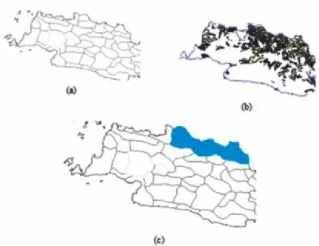 Gambar 4. Teknik overlay pemilihan lokasi penelitian;  lokasi tutupan sawah (a), overlay ZOM dan tutupan sawah, lokasi  penelitian (b).