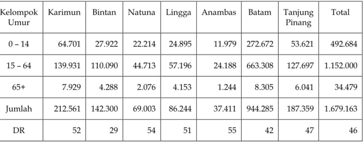 Tabel 2.16 :  Jumlah Penduduk Menurut Struktur Umur Produktif dan  Kabupaten/Kota Provinsi Kepulauan Riau Tahun 2010 