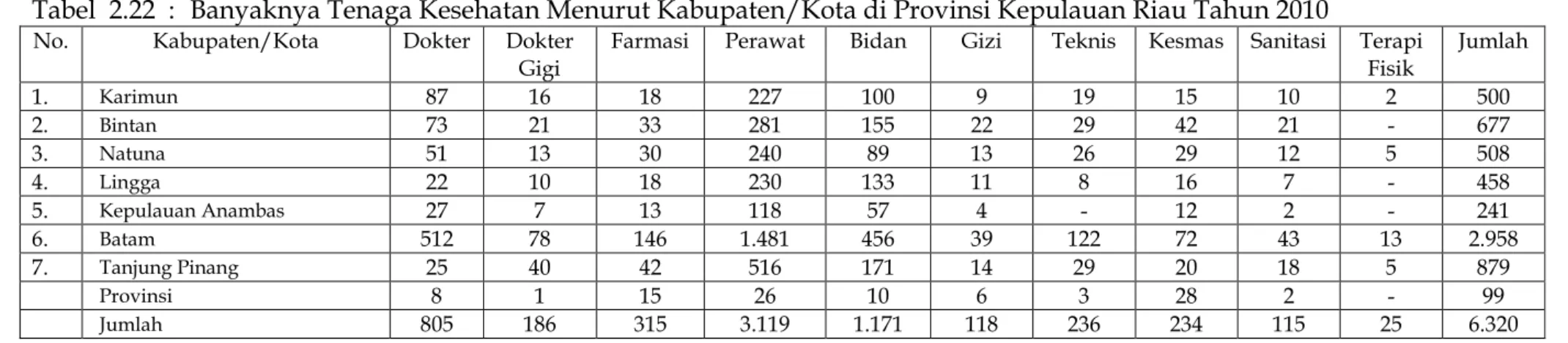 Tabel 2.23 : Rumah Sakit Umum Pemerintah, Swasta dan Kapasitas Tempat Tidur Menurut Kabupaten/Kota Tahun 2010 