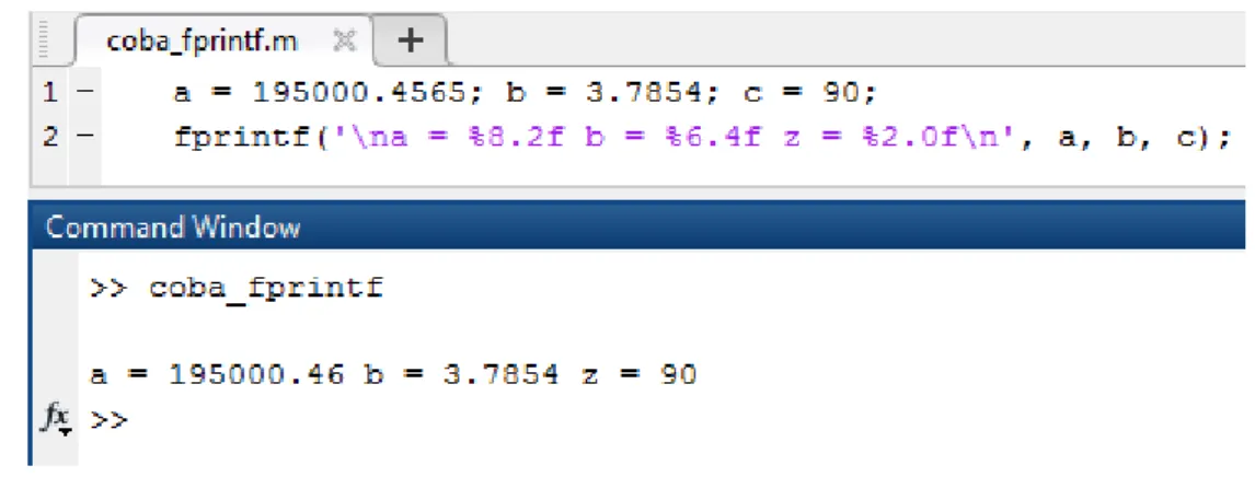 Gambar 3.14. Program dan hasil syntax fprintf untuk output data numerik. 