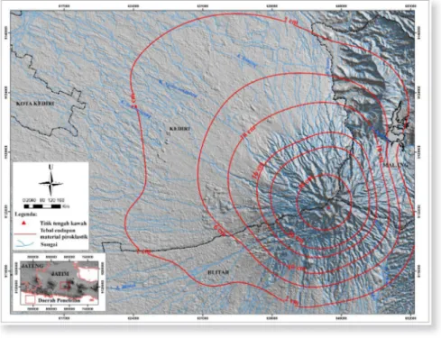 GAMBAR 9.   Peta Sebaran Tebal Endapan Material Piroklastik Hasil Erupsi Gunungapi Kelud  2014