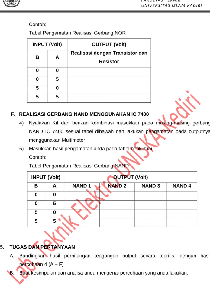 Tabel Pengamatan Realisasi Gerbang NOR  INPUT (Volt)  OUTPUT (Volt) 