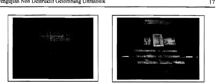 Gambar 1. Alat uji gelombang ultrasonik serta eontoh pengujian dan pembaeaan alat 