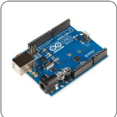Gambar 1. Arduino Board  Arduino  UNO  ini  memiliki  perbedaan  dengan papan-papan Arduino yang lain,  dimana  pada  versi-versi  Arduino  sebelumnya digunakan chip FTDI  USB-to-serial,  namun  pada  Arduino  UNO  digunakan ATmega8U2 yang diprogram  sebag