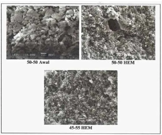 Gambar 8. Struktur mikro pelet MgAl 2 O 4  komposisi 50-50 (Awal dan HEM) dan 45-55 HEM   disinter pada suhu 1500 o C selama 2 jam