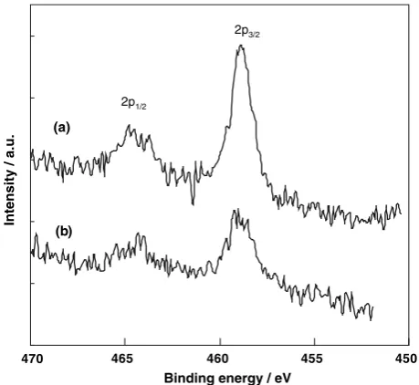 Fig. 3 XPS spectra of the Ti 2p3/2 and 2p1/2 peaks of: (a) a rod-typeTiO2 electrode and (b) a metal Ti rod