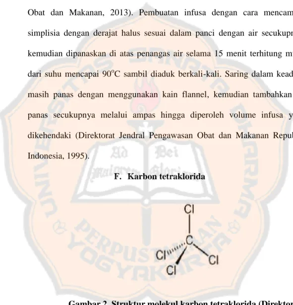 Gambar 2. Struktur molekul karbon tetraklorida (Direktorat Jenderal Pengawasan Obat dan Makanan, 1995).