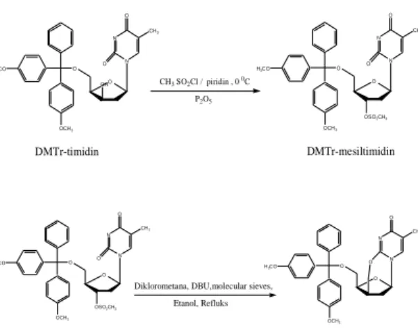 Gambar 1.  Skema reaksi sintesa DMTr-2,3’- DMTr-2,3’-anhidrotimidin