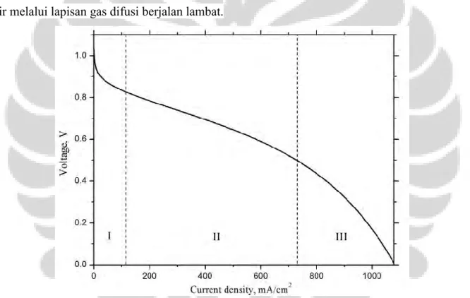 Gambar 2.6. Karakteristik kurva polarisasi pada PEM fuel cell (Cooper, 2005) 