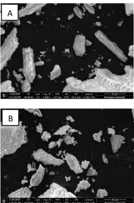 Gambar  2.  Gambar  Hasil  SEM  hidroksiapatit  pembanding  (A)  dan  hidroksiapatit  dari  tulang  ikan cakalang (B) pembesaran 1000x 