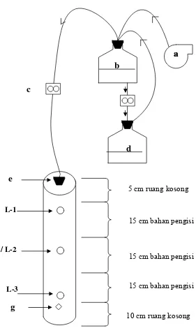 Gambar 5.  Model kolom biofilter skala laboratorium. (a) Pompa udara, (b) Larutan NH4OH pekat, (c) Flow meter, (d) Larutan NH4OH cair, (e) Lubang inlet, (f) Lubang sampling, (g) Lubang outlet