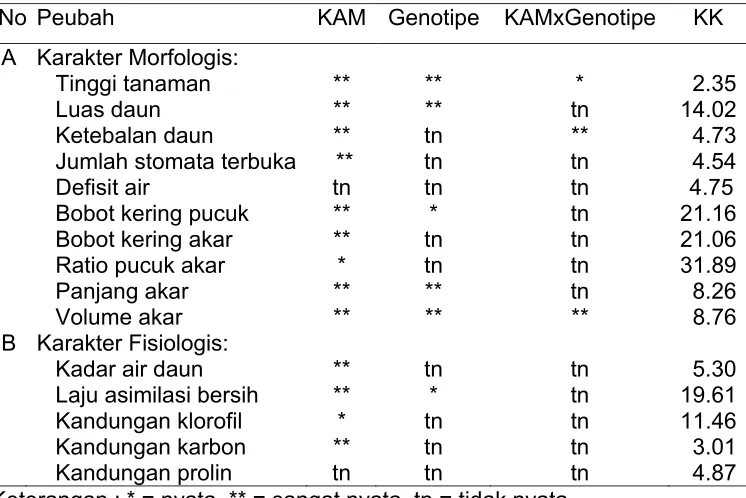 Tabel 2 Rekapitulasi sidik ragam pengaruh kadar air media dan genotipe terhadap  karakter morfologis dan fisiologis tanaman jarak pagar                 (Jatropha curcas L.) pada akhir pengamatan  