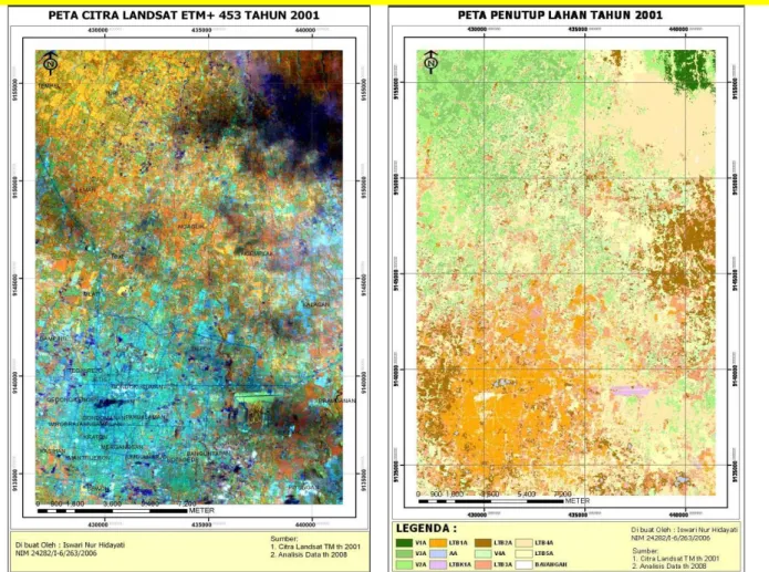 Gambar 2. (a). Citra Landsat ETM+; (b). Hasil Klasifikasi Penutup Lahan. 