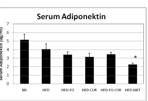 Gambar 5. A. Ekspresi adiponektin di  jaringan  lemak  intraabdomen (epididimis) (ND vs HFD- HFD-FO-Cur  *p&lt;0,05,  ND  vs  HFD-Cur,  ND  vs  HFD-MET  **p&lt;0.01)