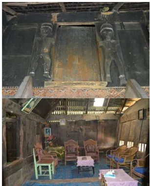 Foto 2. Tau-tau yang terdapat pada pintu masuk rumah dan  salah satu ruang (tado) dalam Banua Layuk Rambu Saratu 
