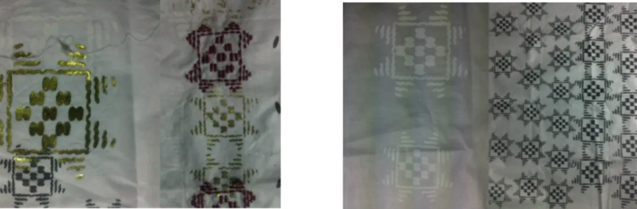 Gambar 2. Hasil eksplorasi visual menggunakan teknik cetak sablon dan flocking dengan motif “Bunga Gundur”