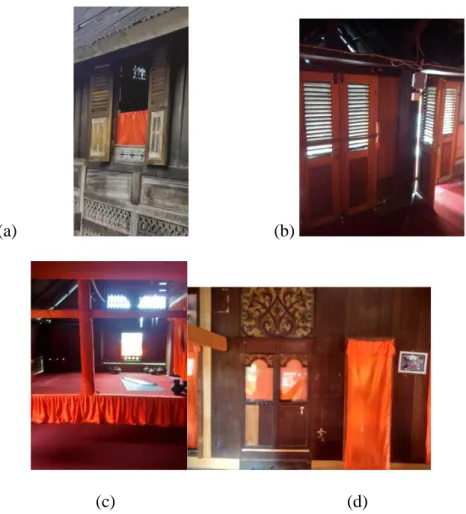 Gambar 4.19 Foto Tampak Jendela (a)Tonggak dalam dari Kayu juar (b) 2 pintu masuk (c)  Tinggi Anjuang dari lantai (d) Pintu dan batas biliak 