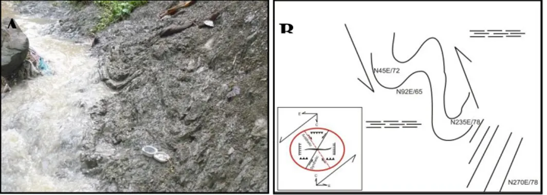 Gambar 8.  A. Kenampakan deformasi lentur ductile-semi ductile pada batulempung Formasi  Karangsambung menghasilkan struktur perlipatan mikro menyerupai huruf “S” 