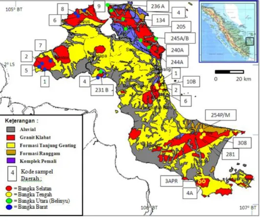 Gambar    3.  Peta  Geologi    Lembar  Bangka [8]   yang  telah  dimodifikasi  dan  lokasi  pengambilan  sampel  pada  Granitoid Klabat di Pulau Bangka.