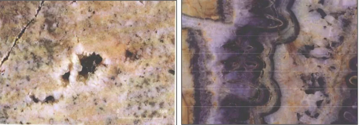 Gambar 3.6 Foto kiri memperlihatkan kenampakan vuggy quartz,sedangkan foto kanan  memperlihatkan tekstur crustiform-colloform, sebagai penciri tekstur pengisian