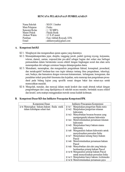 RENCANA PELAKSANAAN PEMBELAJARAN. B. Kompetensi Dasar/KD Dan Indikator ...