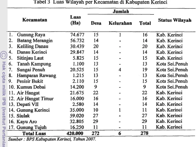 Tabel  3  Luas  Wilayah per Kecarnatan di Kabupaten Kerinci  Jumlah 
