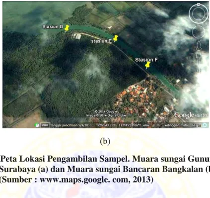 Gambar 4. Peta Lokasi Pengambilan Sampel. Muara sungai Gunung Anyar  Surabaya (a) dan Muara sungai Bancaran Bangkalan (b)