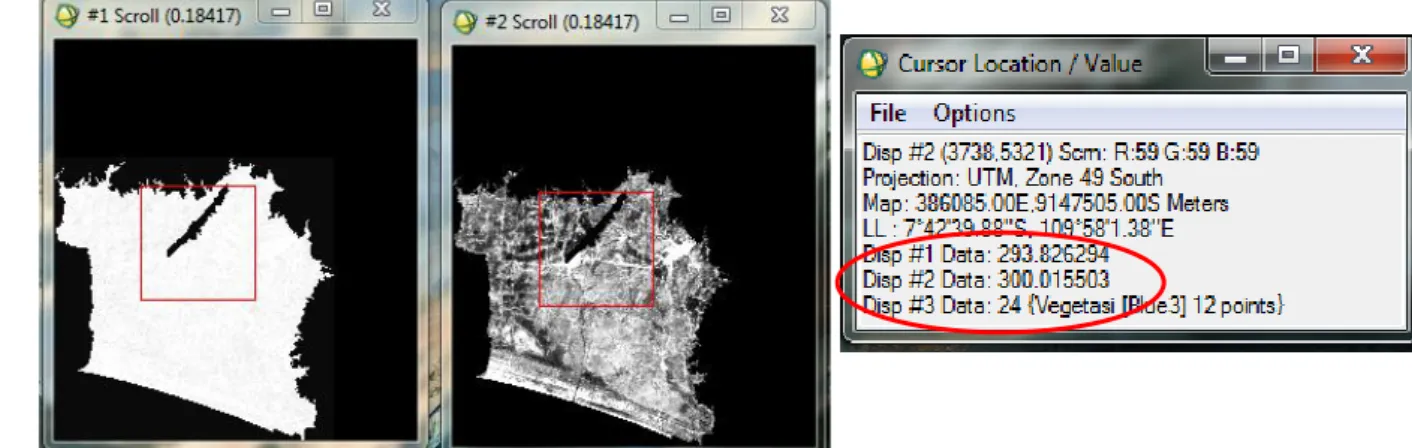 Gambar 8. Cira band 6.2. Landsat 7 ETM+ yang telah terekstraksi #1 merupakan hasil                              perkaliandengan emisi, #2 hasil Brightness temperatur