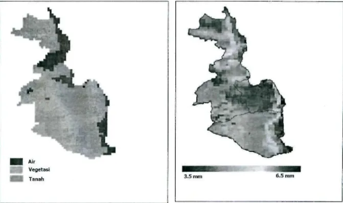 Gambar  4 - 1 : Nilai evapotranspirasi regional (kanan) dan  p e n u t u p lahan (kiri) dari data  NOAA-AVHRR tanggal 28 Agustus 2002 