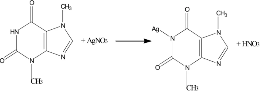 Gambar 2. Reaksi Argentometri Teobromin (Sudjadi dan Rohman, 2004) Timbang saksama lebih kurang 500 mg teobromin, masukan dalam 125 ml aquades