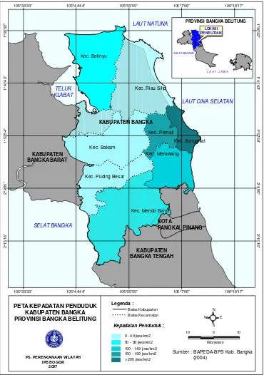 Gambar 9  Peta kepadatan penduduk per kecamatan di Kabupaten Bangka tahun 2004  