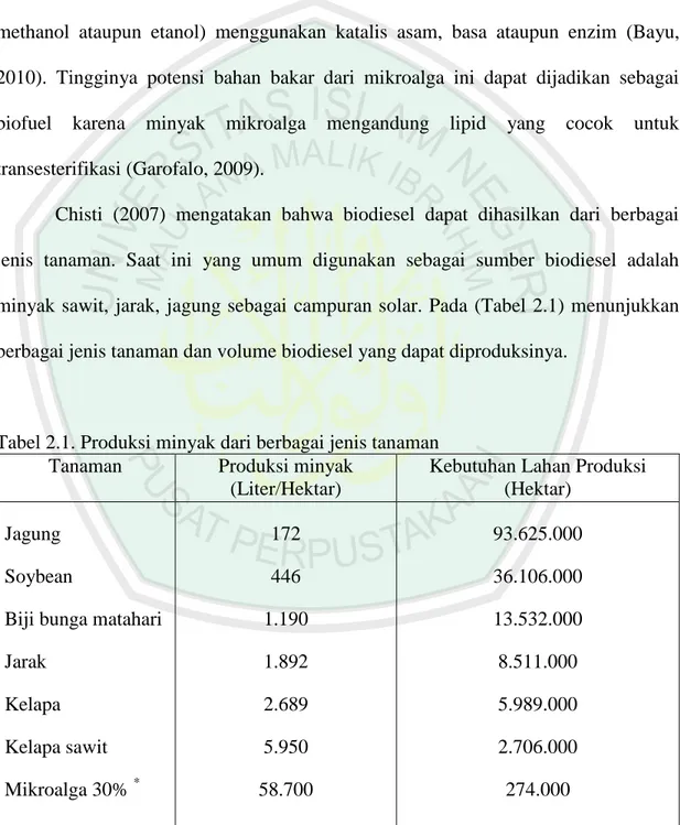 Tabel 2.1. Produksi minyak dari berbagai jenis tanaman   Tanaman  Produksi minyak 