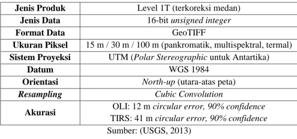 Tabel 1.4 Parameter pemrosesan produk data standar citra Landsat 8  Jenis Produk  Level 1T (terkoreksi medan) 