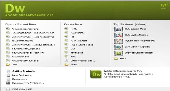 Gambar 2.2 Tampilan Halaman welcome screen dari Dreamweaver Cs5  Dalam  tampilan  awal  Dreamweaver  terdapat  pilihan  open  a  Recent  Item  (File  yang  pernah  terbuka),  create  New  (membuat  file  baru),  Top  Features  (fitur-fitur  baru),  Dan  Ge
