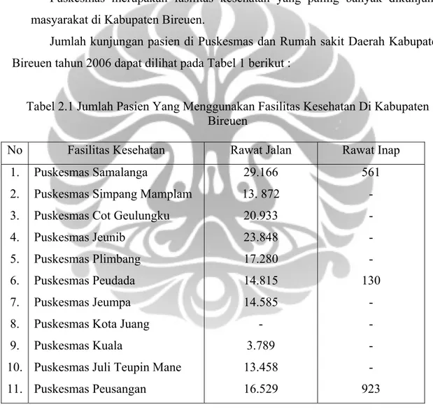 Tabel 2.1 Jumlah Pasien Yang Menggunakan Fasilitas Kesehatan Di Kabupaten  Bireuen 