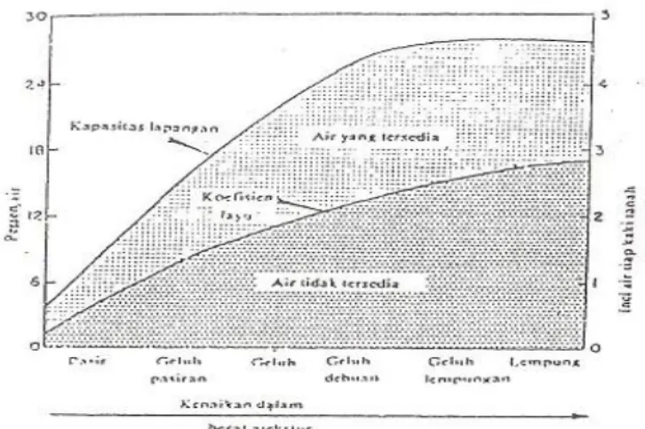 Gambar 1.5. Hubungan umum tekstur tanah dengan kelembaban tanah             (adaptasi dari Buckman, 1982, dalam Restu, 1990) 