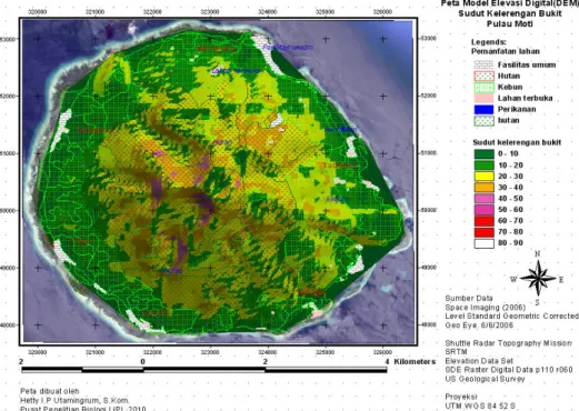 Gambar 7: Peta Model Elevasi Digital (DEM) Sudut Kelerengan Bukit Pulau Moti
